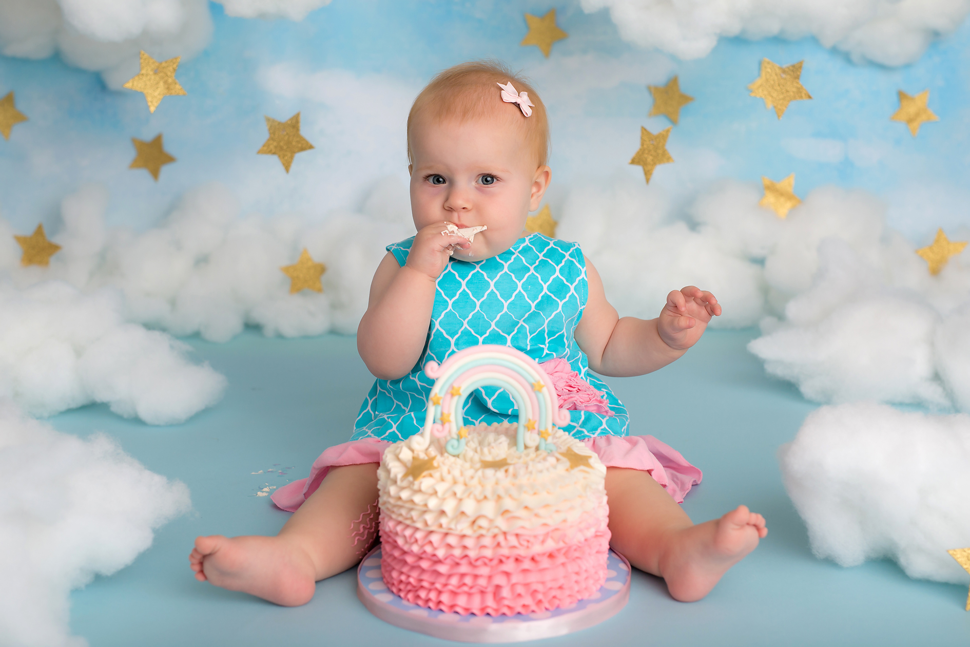Nicole Israel Photography Gold Stars Blue Sky Clouds Cake Smash Pink Blue